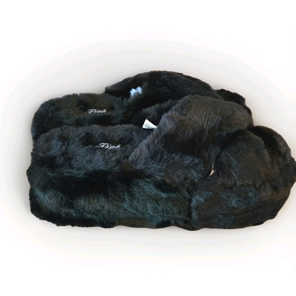 Victoria Secret PINK Faux‎ Fur Platform Slipper S BLACK